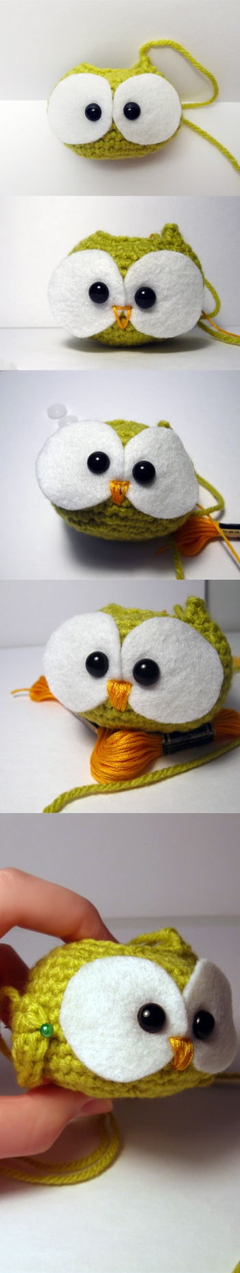 Position eyes, embroider face, (secure eyes), attach wings, and stuff